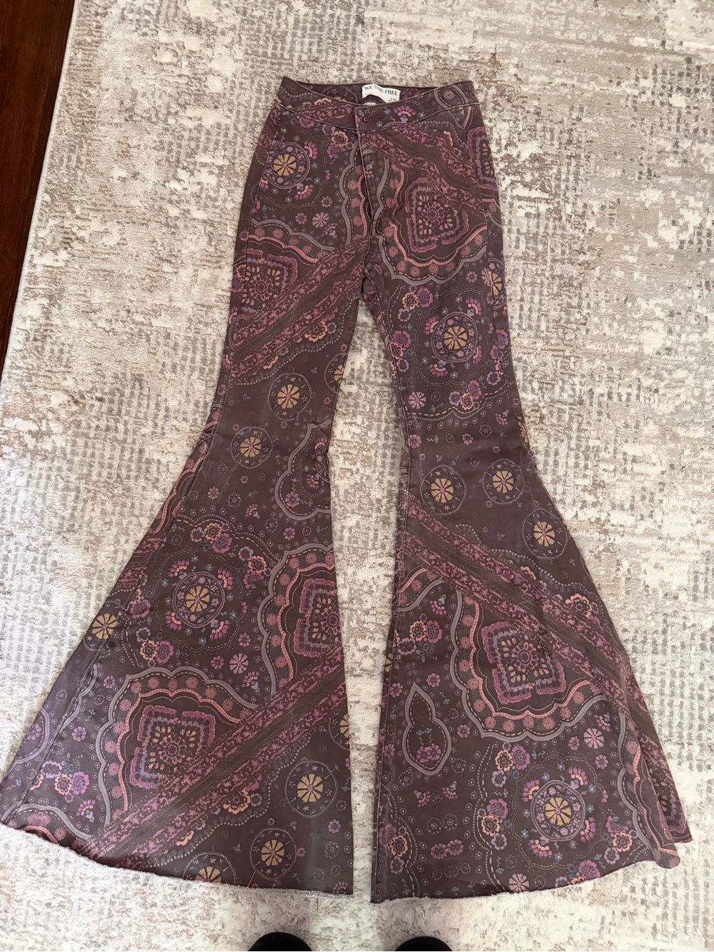 We The Free Brown Paisley High-Rise Flare Pants with Pink Accents
